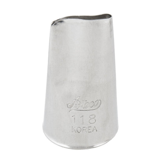 Ateco 118 rose piping tip with a 0.73-inch petal-shaped opening, engraved with Ateco branding and size markings, shown upright against a white background.