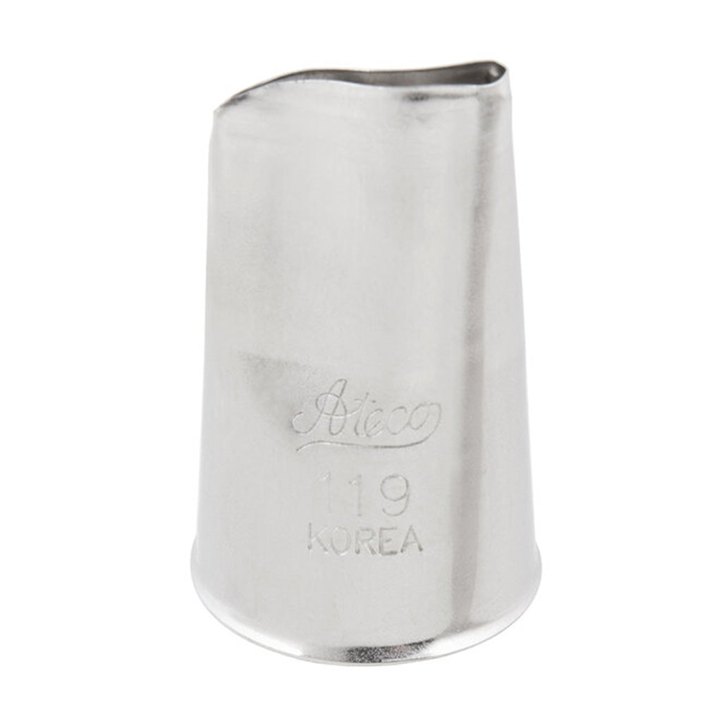 Ateco 119 rose piping tip with a 0.75-inch petal-shaped opening, engraved with Ateco branding and size markings, shown upright against a white background.