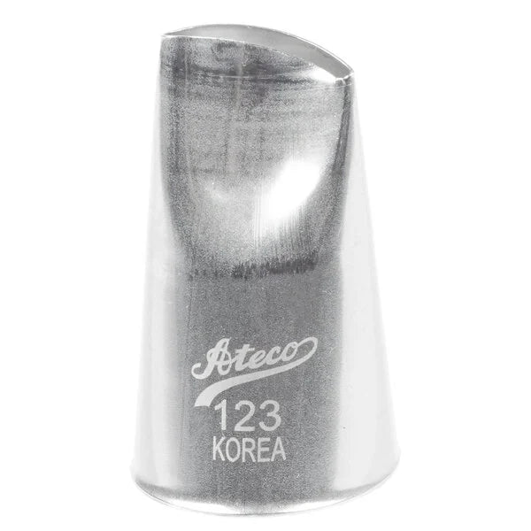 Ateco 123 curved petal piping tip with an angled teardrop opening, designed for piping large flowers, ruffles, and layered petal designs; stainless steel finish.