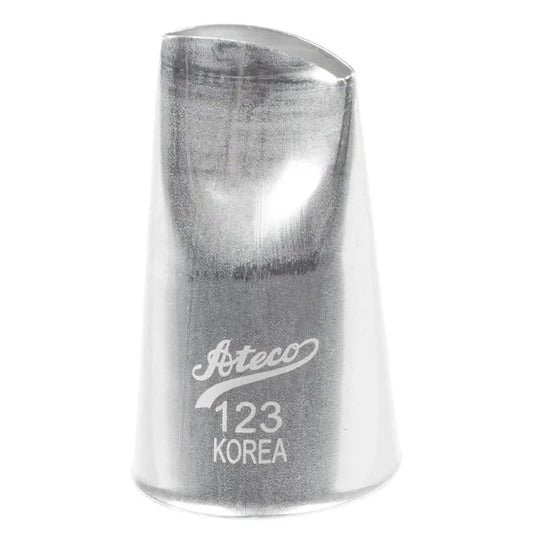 Ateco 123 curved petal piping tip with an angled teardrop opening, designed for piping large flowers, ruffles, and layered petal designs; stainless steel finish.