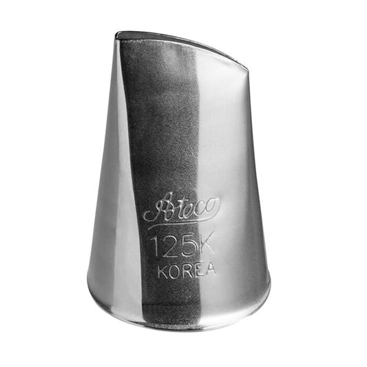 Shiny stainless steel Ateco 125K Korean piping tip with a slanted, narrow opening, designed for creating large buttercream flower petals, shown against a white background.