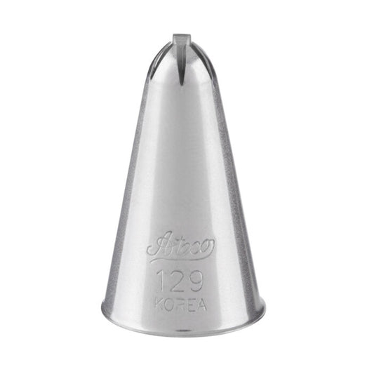 Ateco 129 drop flower piping tip with a small star-shaped opening and central bar for piping petite one-squeeze flowers, engraved with branding and number, shown on a white background.