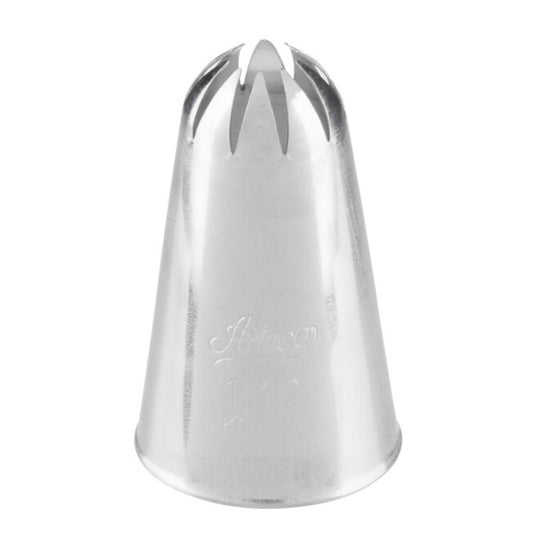 Ateco 132 closed star piping tip with a medium star-shaped opening and deep grooves for ridged designs, engraved with branding and number, shown upright on a white background.