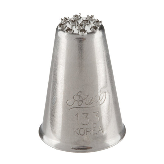 Ateco 133 Grass piping tip, cone-shaped metal nozzle with multiple small holes for piping grass, hair, fur, or textured icing details.