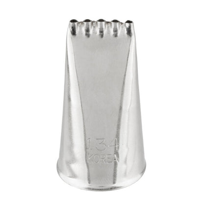 Ateco 134 five-hole piping tip with a wide, flat opening divided into five slots, engraved with branding and number, shown upright on a white background.