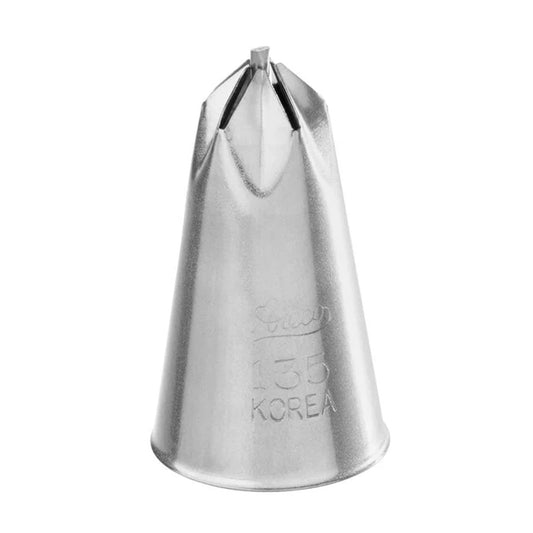 Close-up of Ateco 135 Drop Flower Piping Tip with a center bar, designed for piping single-squeeze buttercream flowers with added swirl or structure.