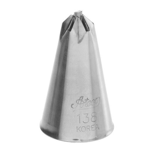 Ateco 138 Drop Flower Piping Tip shown in close-up, featuring a small star-shaped opening with cross-bar detail, engraved with brand and tip number, displayed on a white background.