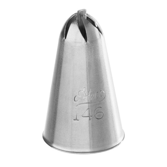 Close-up of the Ateco 146 Drop Flower Piping Tip with a slightly wider star-shaped opening and cross-bar, crafted from stainless steel and engraved with the brand and tip number, displayed against a white background.
