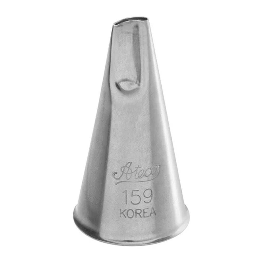 Close-up of the Ateco 159 Left-Handed Curved Petal Tip, featuring a slightly curved opening tailored for piping petals and ruffles from a left-handed angle.