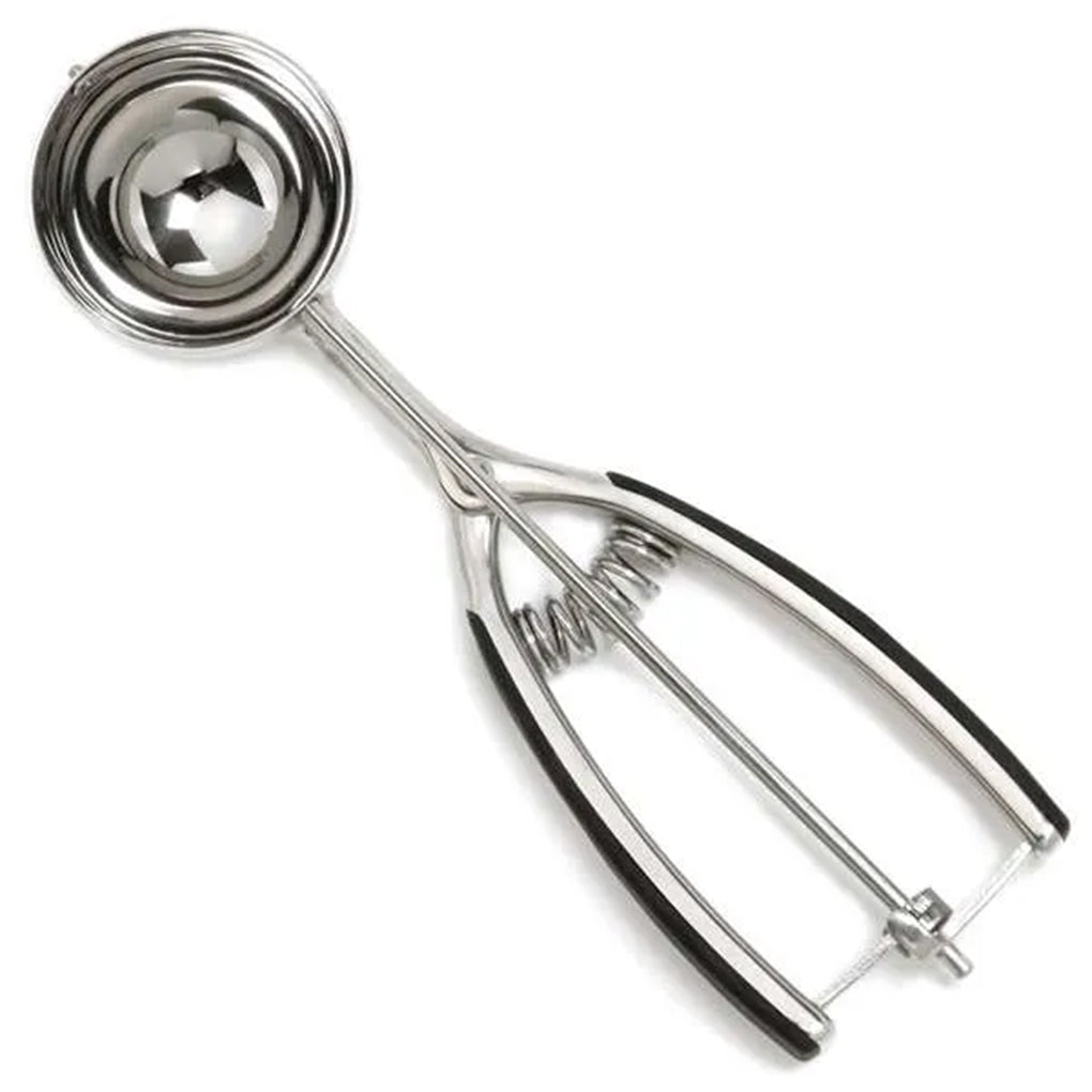 Stainless steel #16 cookie scoop with a round bowl, spring-action release mechanism, and black soft grip handles on a white background.