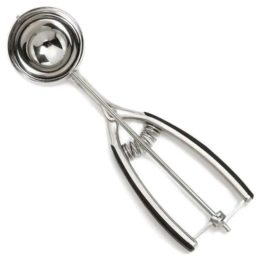 Stainless steel #16 cookie scoop with a round bowl, spring-action release mechanism, and black soft grip handles on a white background.