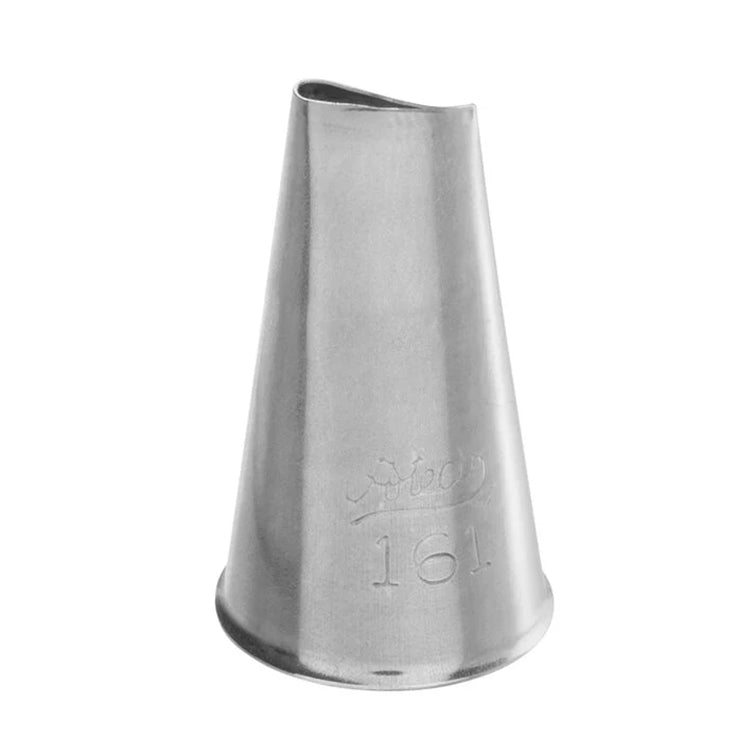 Ateco 161 left-handed curved petal piping tip with a small angled opening for piping petals and ruffles, engraved with branding and number, shown upright on a white background.