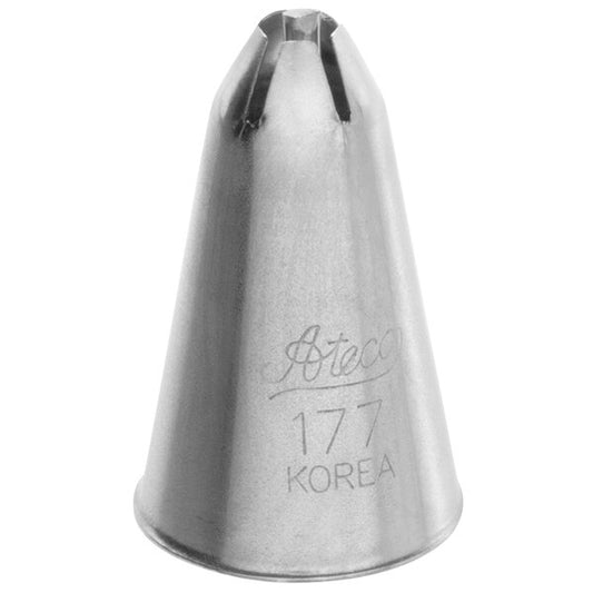 Ateco 177 drop flower piping tip with a 0.32" fluted opening and cross-bar insert, designed for piping small to medium icing flowers; made of stainless steel.