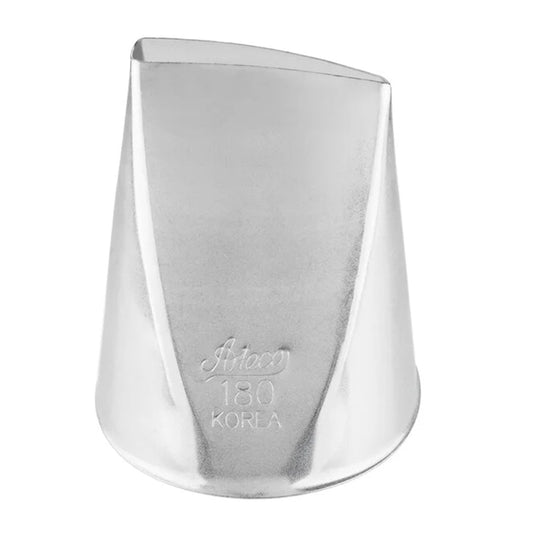 Ateco 180 rose piping tip with a large, slanted opening designed for piping layered petals and buttercream roses, shown upright on a white background with engraved branding.