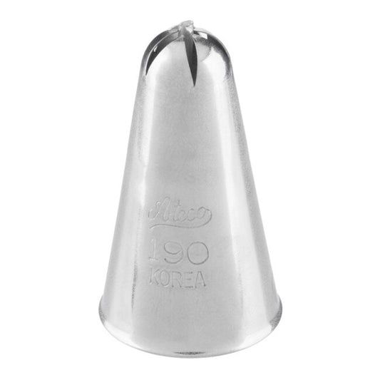 Ateco 190 Drop Flower Piping Tip shown upright, featuring a medium-sized star opening with cross-bar detail, stainless steel body engraved with brand and tip number, photographed against a white background.