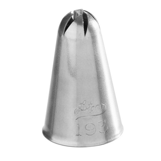 Ateco 193 Drop Flower Piping Tip with a small, star-shaped opening and central cross-bar, made of stainless steel and marked with tip number and brand, shown against a white background.