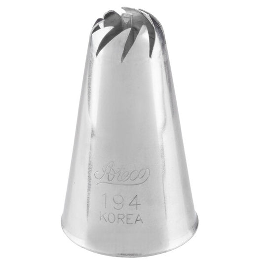 Ateco 194 drop flower piping tip with a large 0.46" fluted opening and central cross-bar, used for piping bold, curved-petal icing flowers; stainless steel finish.
