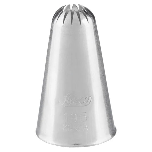 Ateco 195 closed star piping tip with a 0.46" opening and closely spaced, curved teeth for creating textured stars, rosettes, and swirls; stainless steel finish.
