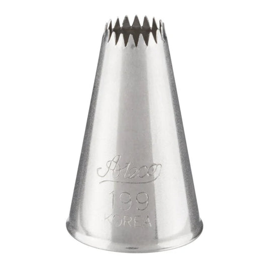 Ateco 199 Drop Flower piping tip, cone-shaped metal nozzle with finely cut star-shaped opening for piping ridged stars and floral designs.