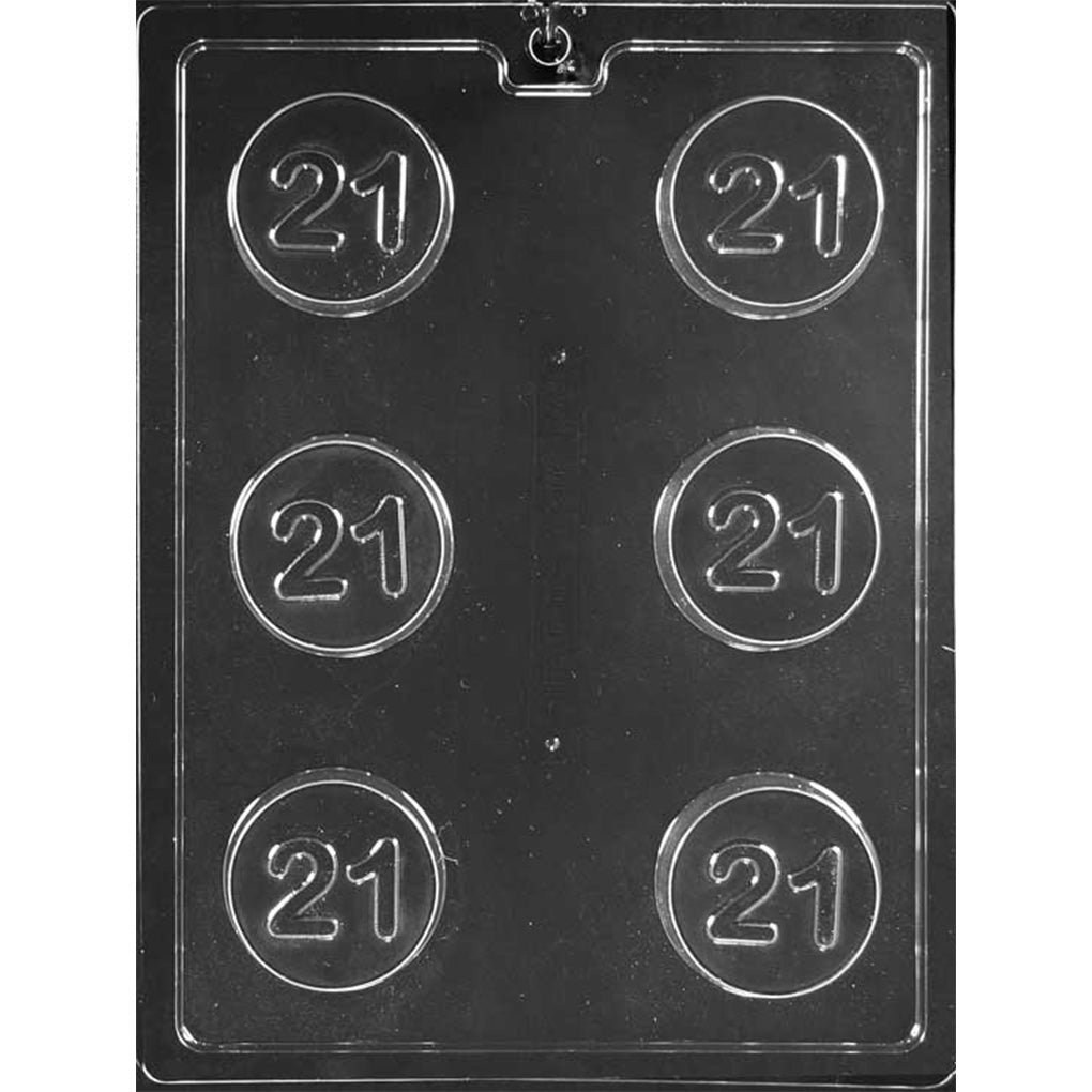 Clear chocolate mold with six round cavities, each featuring a raised number 21 in the center, arranged in three rows on a dark background.