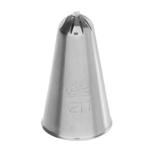 Ateco 217 drop flower piping tip with a small, star-shaped opening and a central bar, engraved with brand and number, displayed upright on a white background.