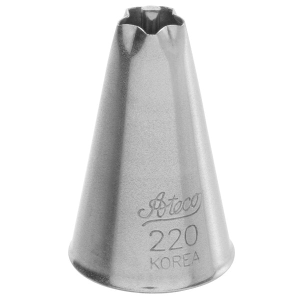 Ateco 220 drop flower piping tip with a small 0.25" fluted opening and center cross bar, used for piping small, swirled buttercream flowers; stainless steel.