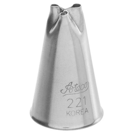 Ateco 221 drop flower piping tip with a 0.25" fluted three-prong opening and built-in cross bar, designed for piping small, swirled icing flowers; stainless steel finish.