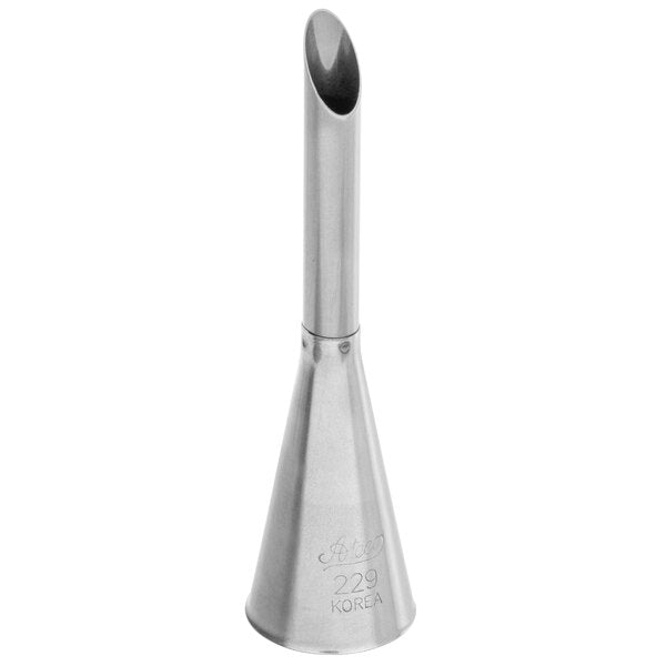 Ateco 229 Bismark piping tip with a long, narrow angled tube and 0.285" opening, designed for injecting fillings into donuts, cream puffs, and other pastries.