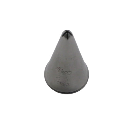 Piping tip #23 with a closed star opening, used for creating tight-ridged stars, shells, and drop flowers in cake and cookie decorating.
