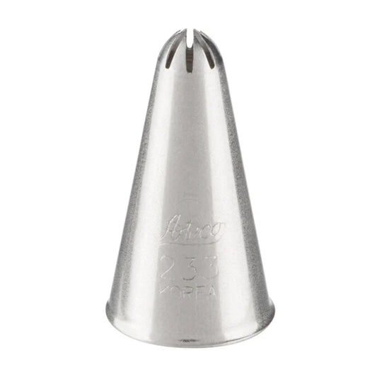 A stainless steel Ateco 233 piping tip with a closed star opening, designed for piping rosettes, stars, shells, and floral patterns on cakes and cupcakes.