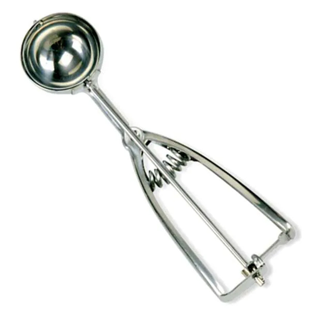 High-polished stainless steel #24 cookie scoop with a 50 mm bowl and spring-action release mechanism.