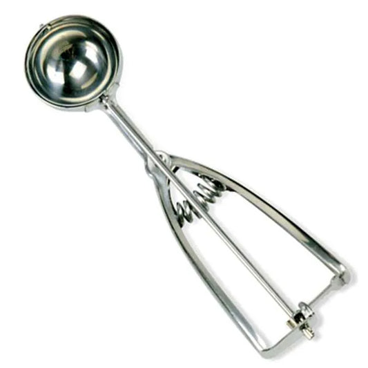 High-polished stainless steel #24 cookie scoop with a 50 mm bowl and spring-action release mechanism.