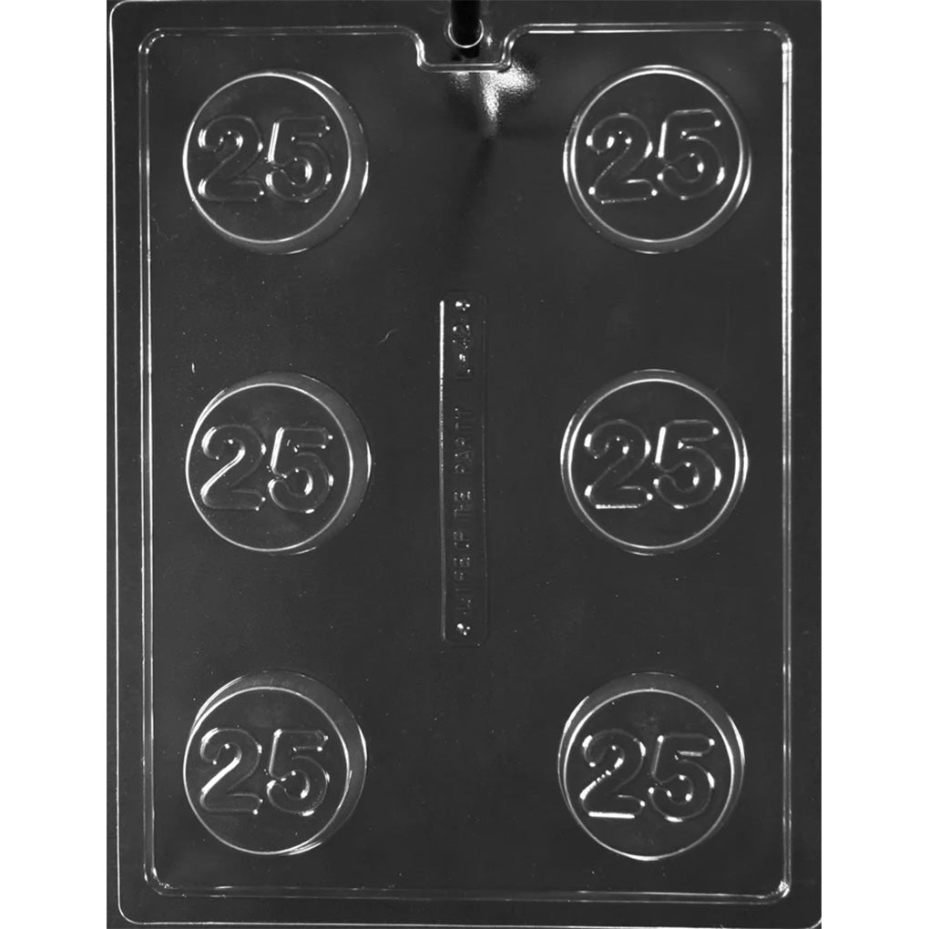 Clear #25 Chocolate Covered Oreo Mold photographed against a black background with 6 round sandwich cookie cavities featuring a raised number 25 design.