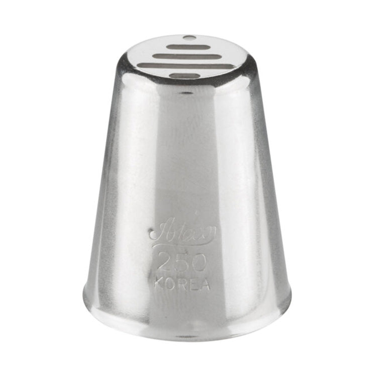 Ateco 250 Christmas tree piping tip with a wide opening featuring horizontal cutouts and a round hole, engraved with branding and number, shown upright on a white background.