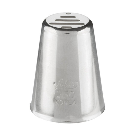 Ateco 250 Christmas tree piping tip with a wide opening featuring horizontal cutouts and a round hole, engraved with branding and number, shown upright on a white background.