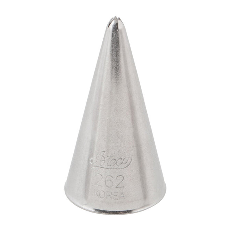 Ateco 262 closed star piping tip with a narrow, deeply grooved opening for creating ridged designs, engraved with branding and number, shown upright on a white background.