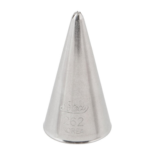 Ateco 262 closed star piping tip with a narrow, deeply grooved opening for creating ridged designs, engraved with branding and number, shown upright on a white background.