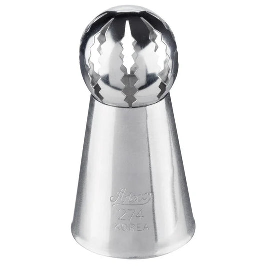 Ateco 274 Russian ball piping tip with a rounded dome top featuring zigzag cutouts, designed for piping large ruffled or floral icing decorations; stainless steel.
