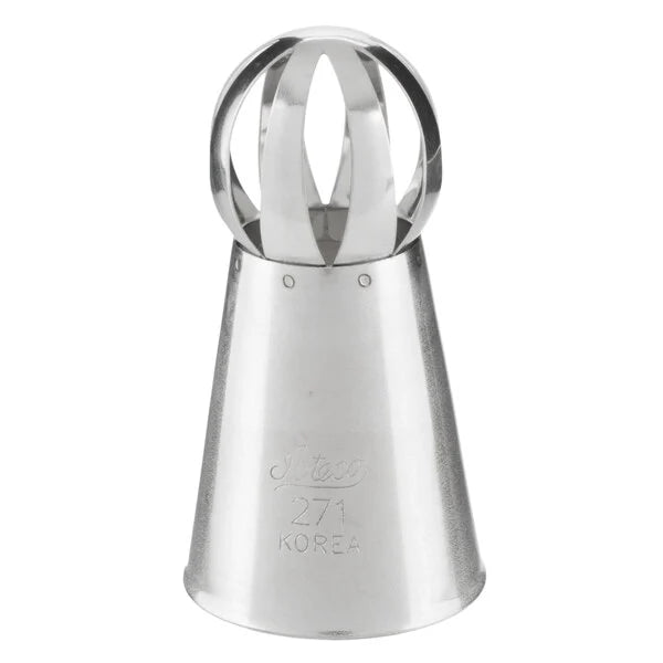 Ateco 275 Russian Ball Piping Tip with a spherical, open-blade design for piping large decorative domes or florals, crafted in stainless steel and engraved with tip number and brand, set against a white background.