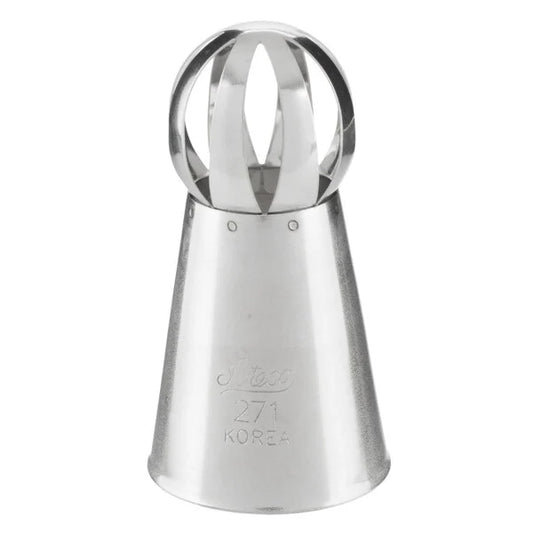 Ateco 275 Russian Ball Piping Tip with a spherical, open-blade design for piping large decorative domes or florals, crafted in stainless steel and engraved with tip number and brand, set against a white background.