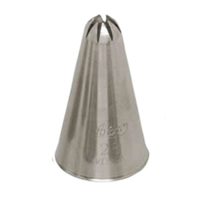 Stainless steel 28 closed star piping tip with six evenly spaced, narrow star points and a tapered conical shape, used for creating textured designs like stars, rosettes, swirls, shells, and borders on cakes, cupcakes, and cookies