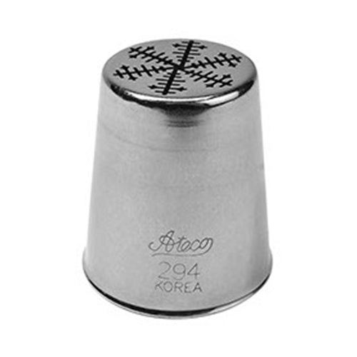 Ateco 294 one step snowflake piping tip with a flat top featuring a snowflake-shaped cutout pattern, engraved with branding and number, shown on a white background.