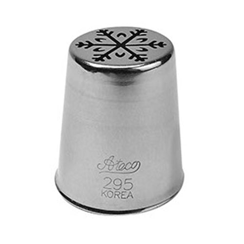 Ateco 295 snowflake piping tip with a cutout snowflake pattern on top, designed for one-step decorative icing on winter-themed baked goods; stainless steel.