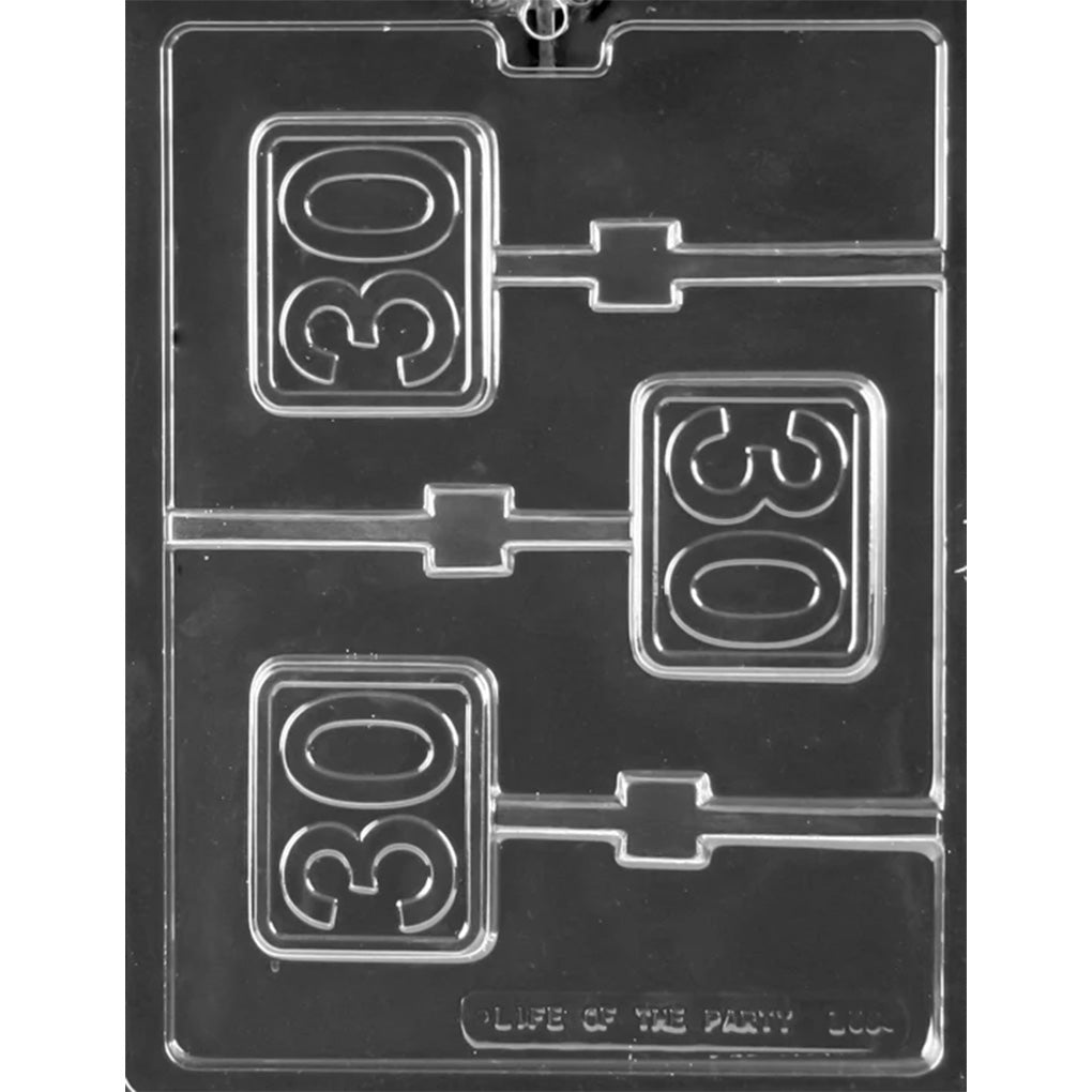 Three-cavity number 30 chocolate lollipop mold with rectangular bordered plaques and built-in stick channels, measuring 2 3/4 x 2 1/4 inches each.
