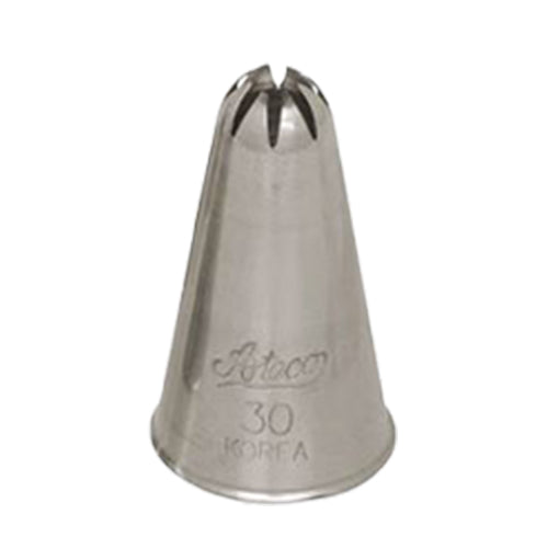 30 closed star piping tip made of stainless steel with seven curved, tightly spaced ridges at the opening; designed for piping sharply grooved stars, shells, and floral shapes. Tapered cone body engraved with “Ateco 30 Korea.”