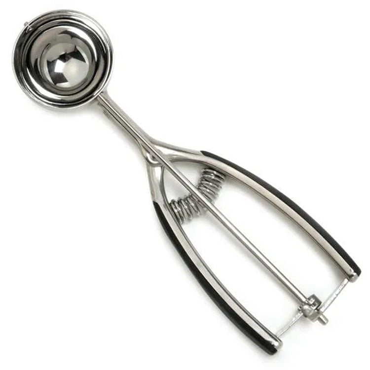 Stainless steel #32 cookie scoop with a round bowl and spring-action handle, shown on a white background with black soft-grip handle inserts.