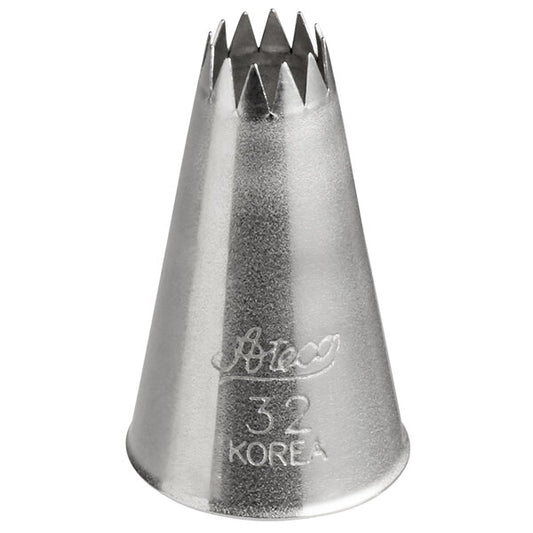 Stainless steel Ateco 32 open star piping tip with a conical body and sharp, evenly spaced teeth at the circular opening; designed for decorating with ridged stars, swirls, and floral patterns. "Ateco 32 Korea" engraved on the side.