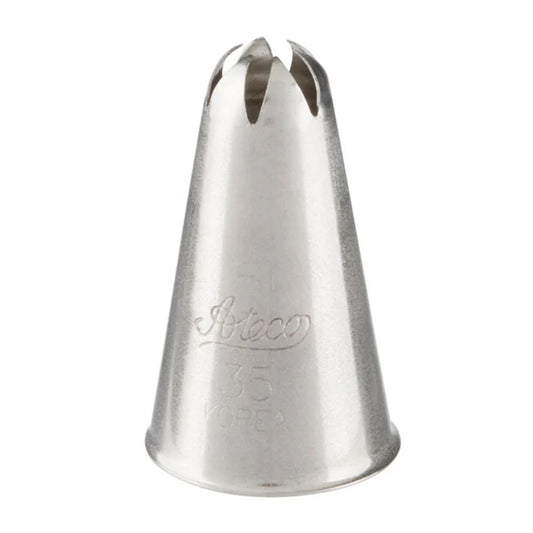 number 35 closed star piping tip made of stainless steel, featuring a tapered cone shape and six curved, tightly spaced cutouts at the tip opening. Designed for piping detailed stars, shells, rosettes, and floral shapes with defined ridges. Marked with “Ateco 35 Korea” on the side.