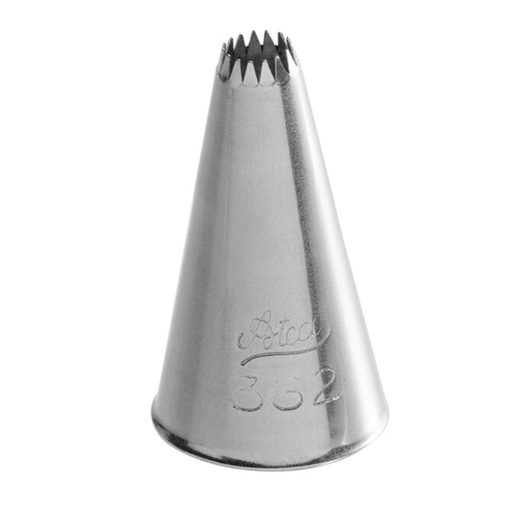 Close-up of the Ateco 362 French Star Piping Tip showing its finely notched, round opening designed for piping detailed ridged decorations.