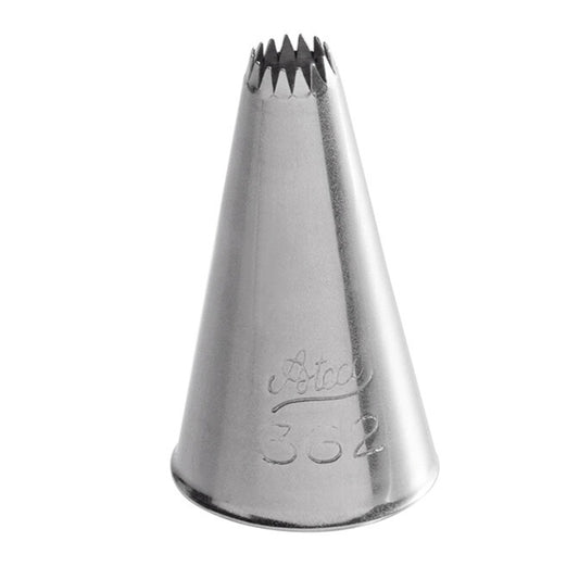Close-up of the Ateco 362 French Star Piping Tip showing its finely notched, round opening designed for piping detailed ridged decorations.